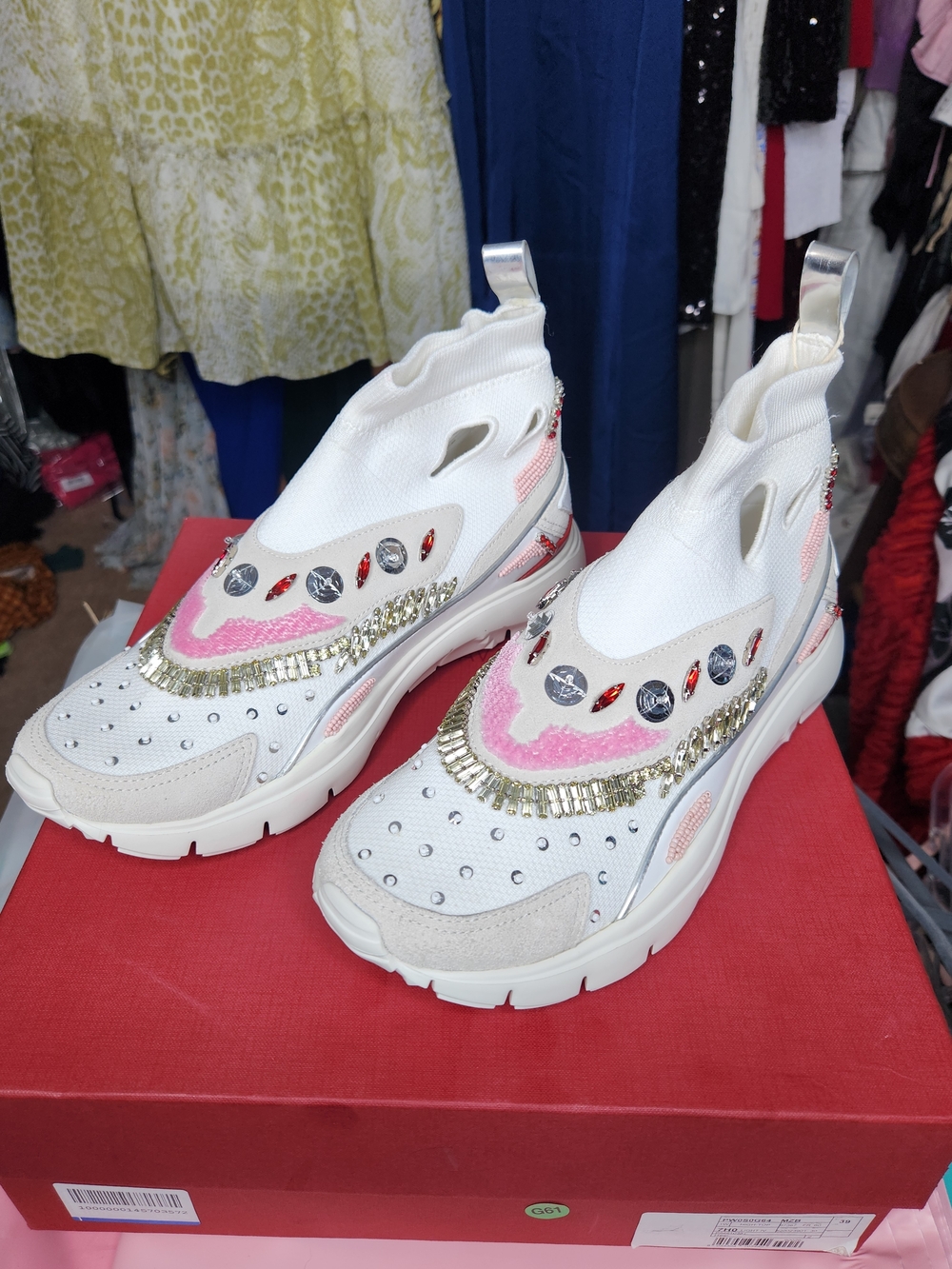 Valentino Garavani White, Pink and Gold Embellished Sock Sneakers